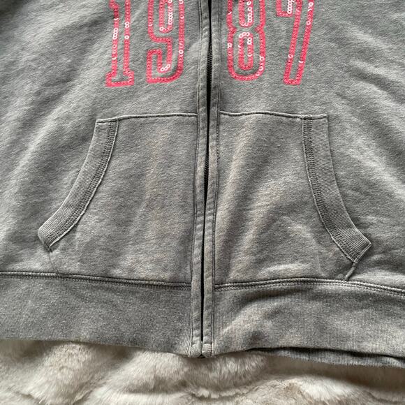 🔥Aeropostale Y2K Faux Fur Hood Sequins Spell Out Full Zip Gray Sweatshirt Sz XL - Picture 9 of 16